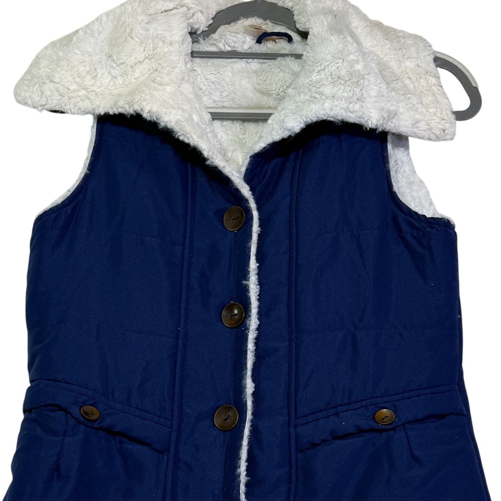 Red Camel Vest Womens Small Blue Faux Fur Trimmed Sleeveless Padded‎ Button